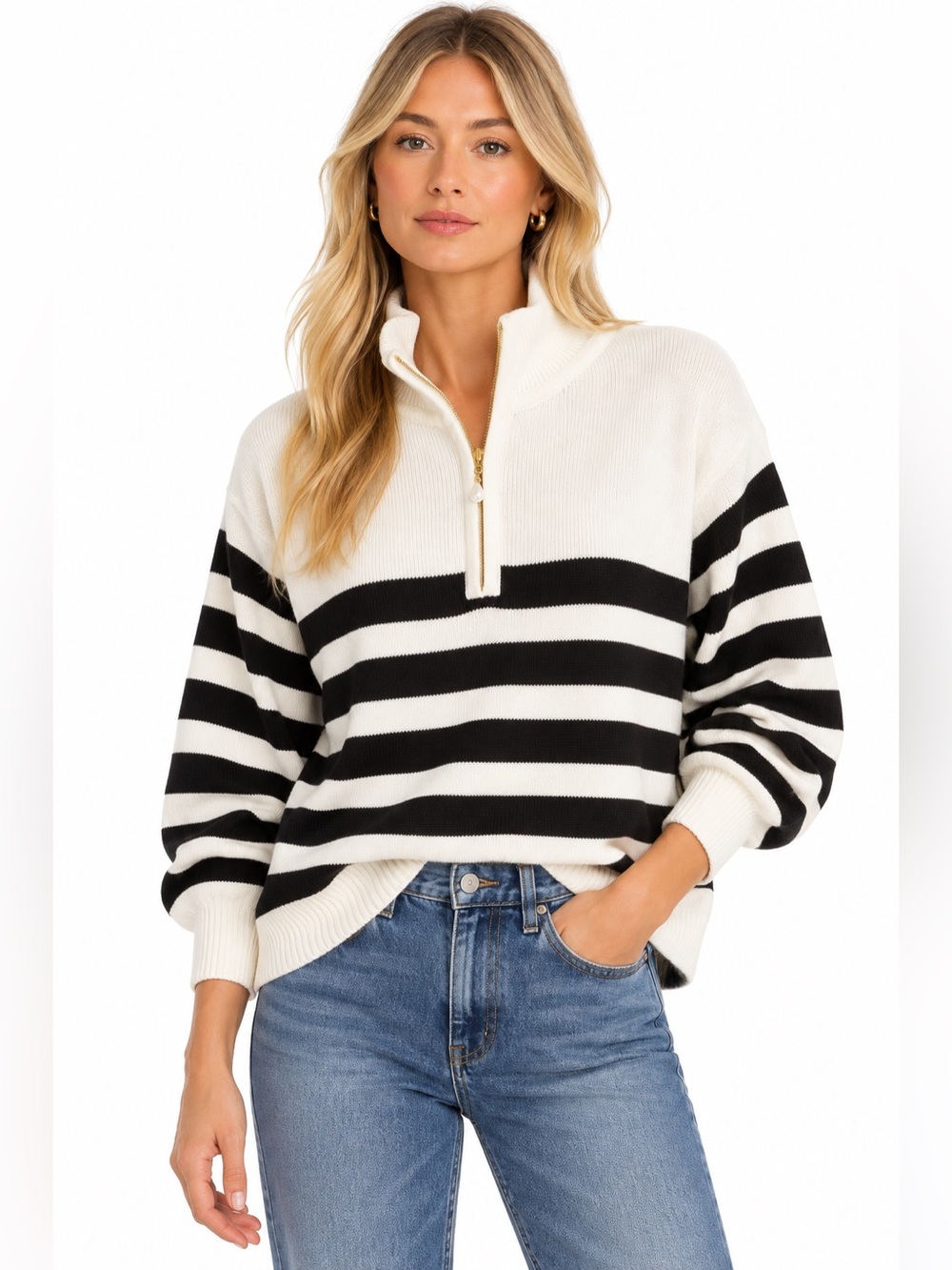 J.Crew Striped Half Zip Sweater S Pearl Zipper 100% Cotton Black Ivory